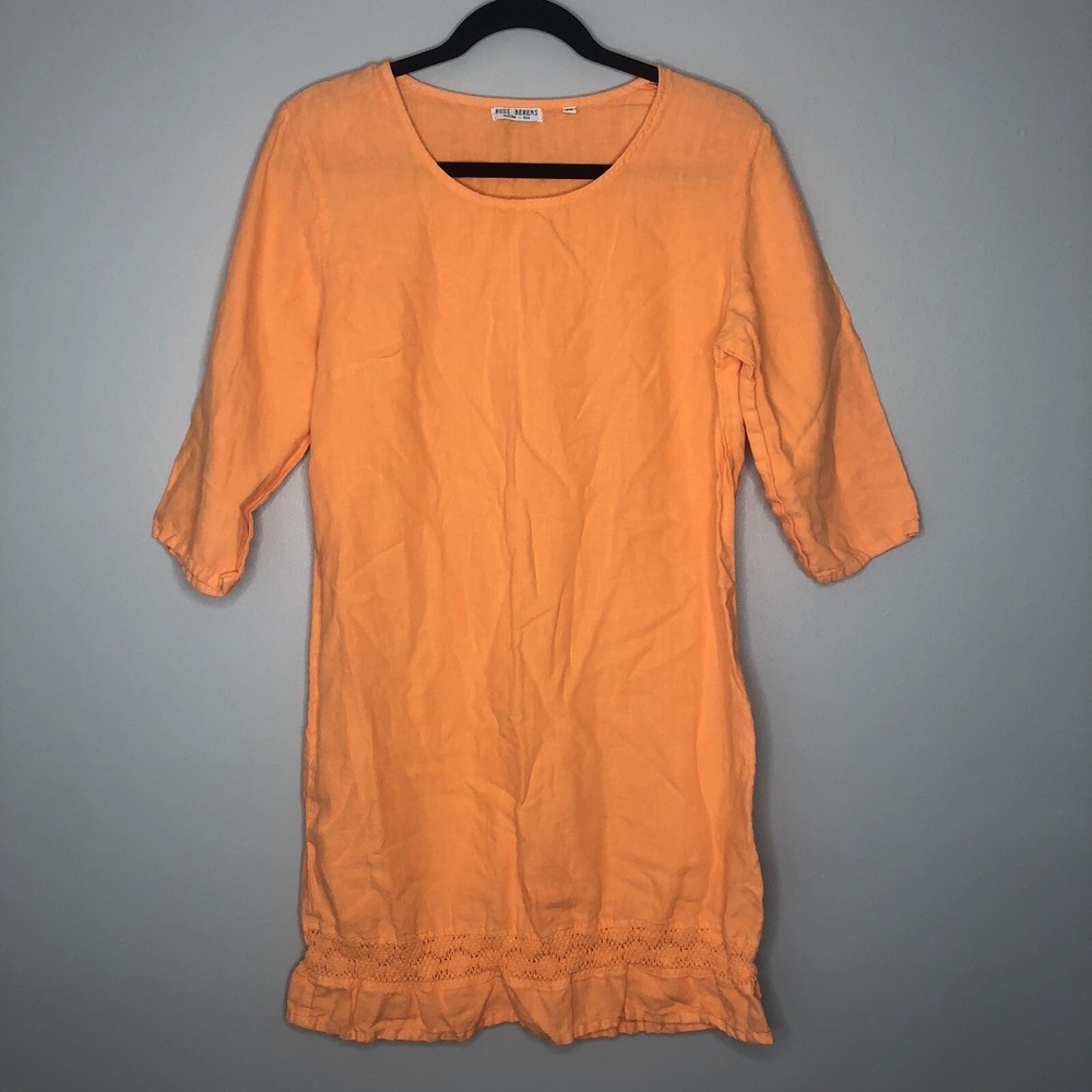 Russ Berens‎ Malibu Women's Medium Orange 3/4 Sleeve Crochet Detail Linen Dress